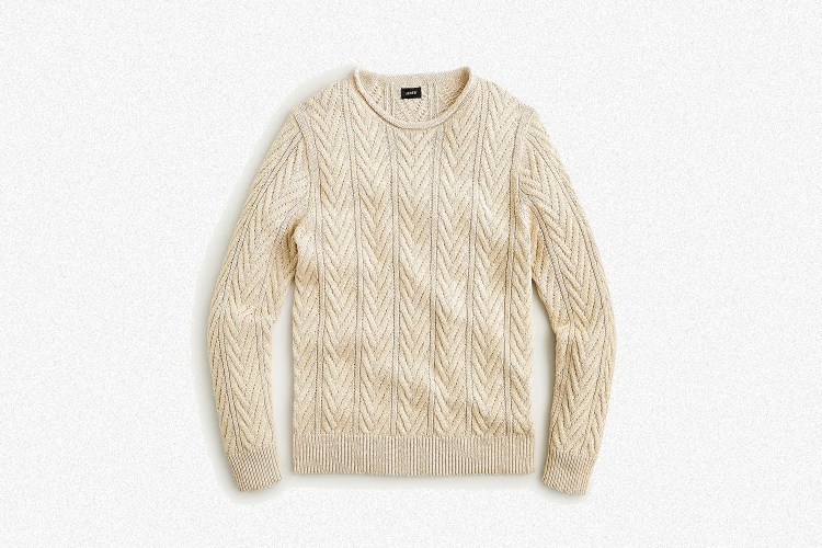 J.Crew Rolled Neck Trim Cable-knit Crewneck Sweater in Heather Canvas