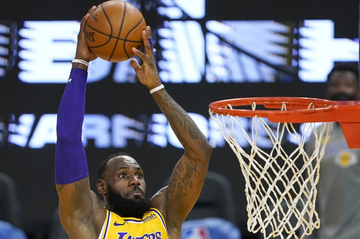 LeBron James of the Los Angeles Lakers goes up for a dunk