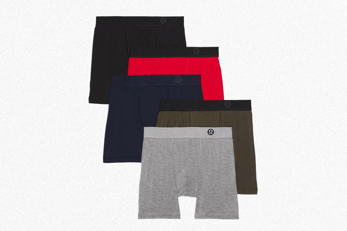 Five pairs of Lululemon Always in Motion boxer briefs in black, red, blue, green and grey