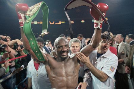 Marvin Hagler After Winning Bout with Mustafa Hamstro