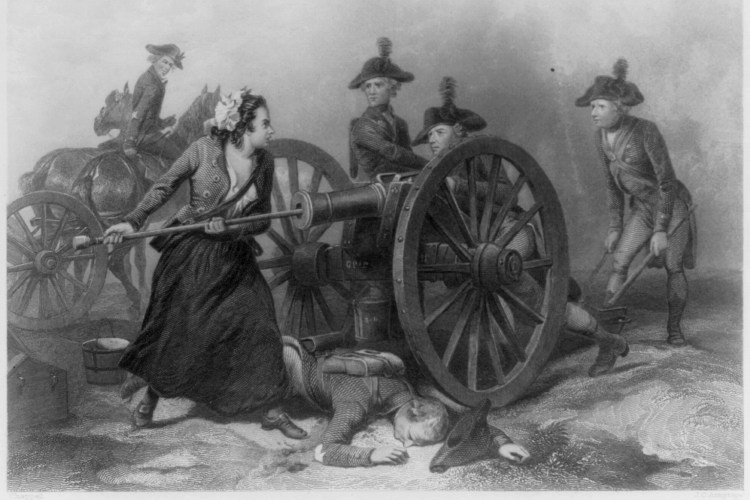 Revolutionary War hero Molly Pitcher arming a cannon in a black and white image