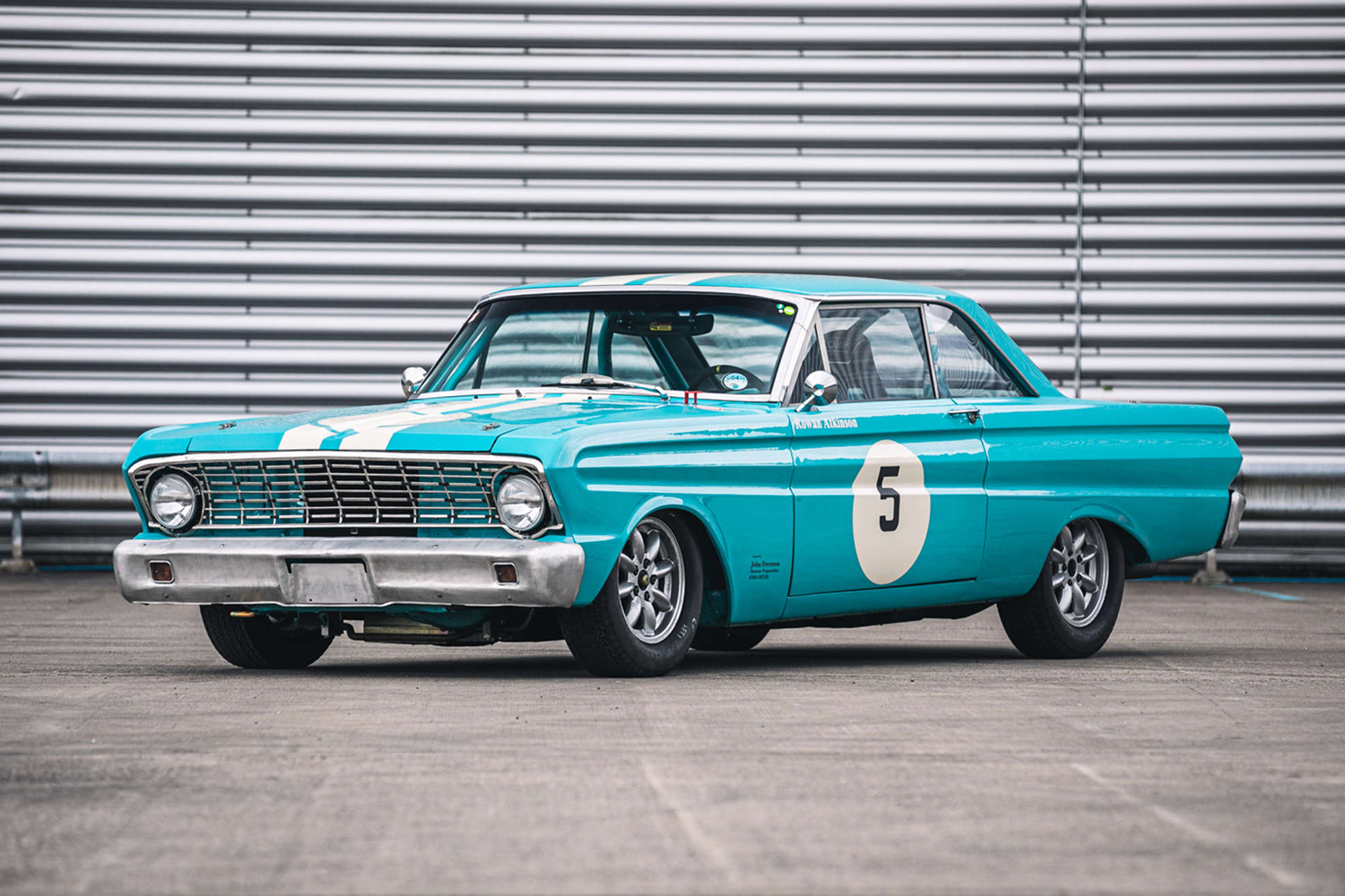The turquoise 1964 Ford Falcon FIA race car owned by Rowan Atkinson