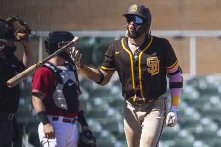 Fernando Tatis Jr. flips his bat