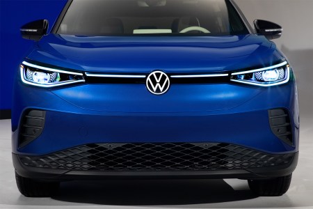 The front of a blue Volkswagen ID.4 electric SUV