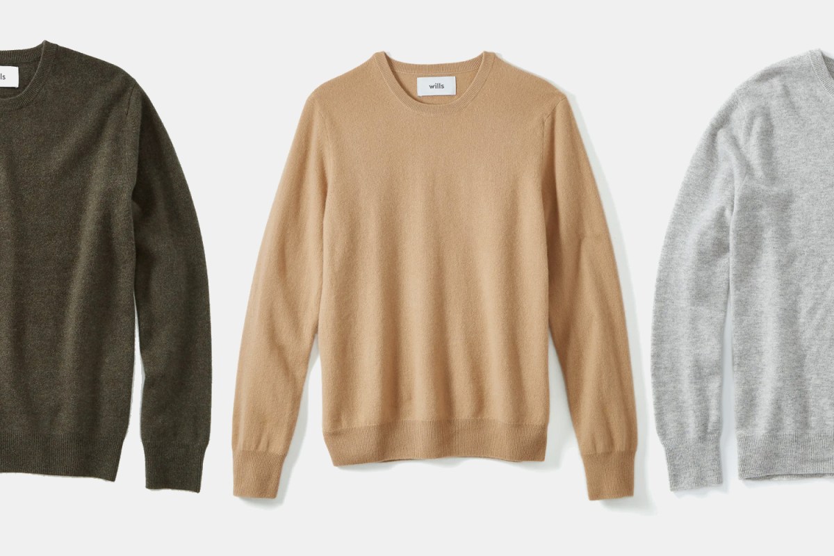 Wills Classic Cashmere Crewneck Sweat in Olive, Camel and Grey