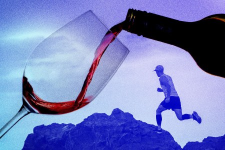 A composite picture of a runner and a glass of wine. An extreme fitness program does not mean you can't enjoy a glass of wine.