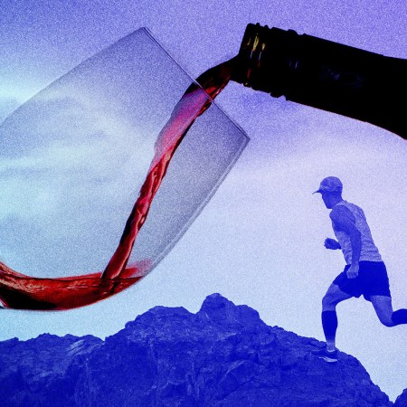 A composite picture of a runner and a glass of wine. An extreme fitness program does not mean you can't enjoy a glass of wine.