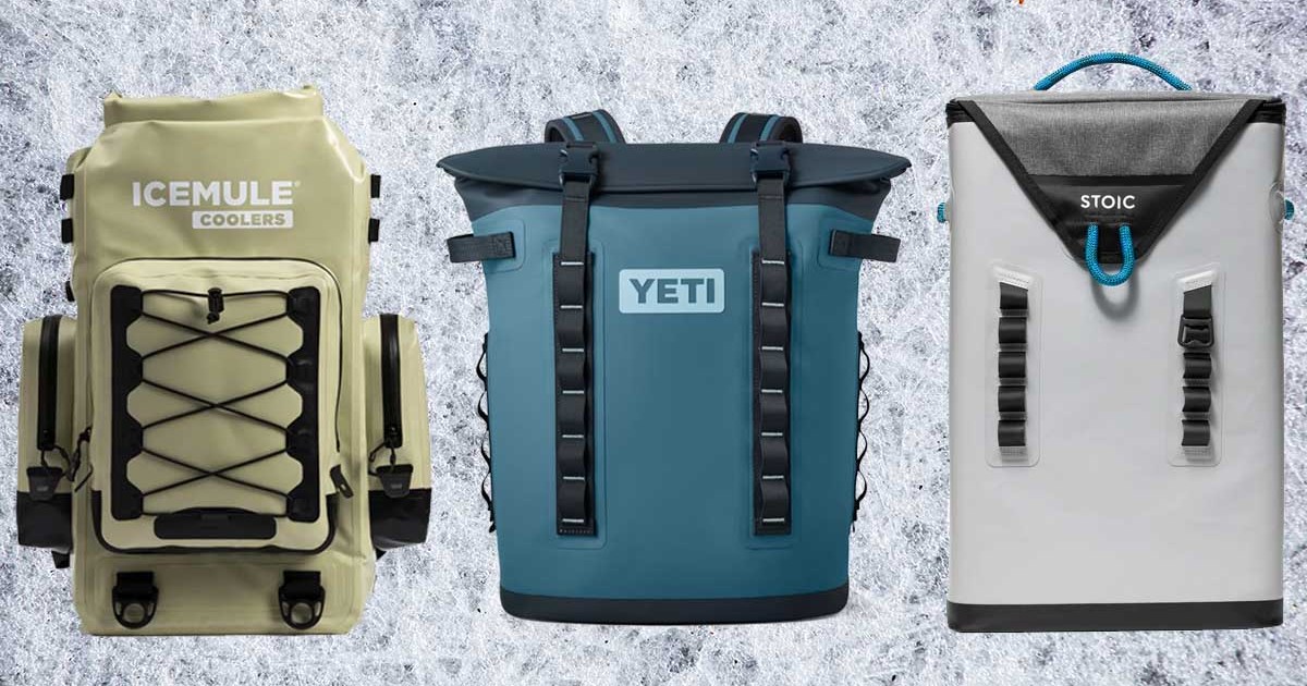 The Icemule Boss, Yeti Hopper M20 and Stoic Hybrid Backpack Cooler on a grey and white textured background.