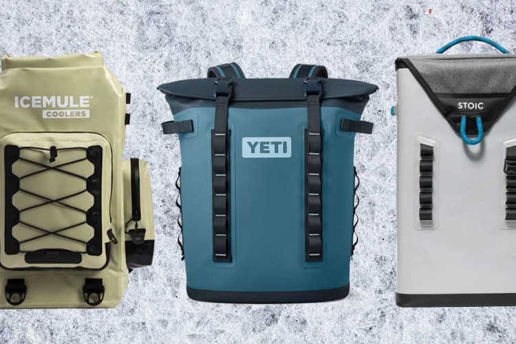 The Icemule Boss, Yeti Hopper M20 and Stoic Hybrid Backpack Cooler on a grey and white textured background.