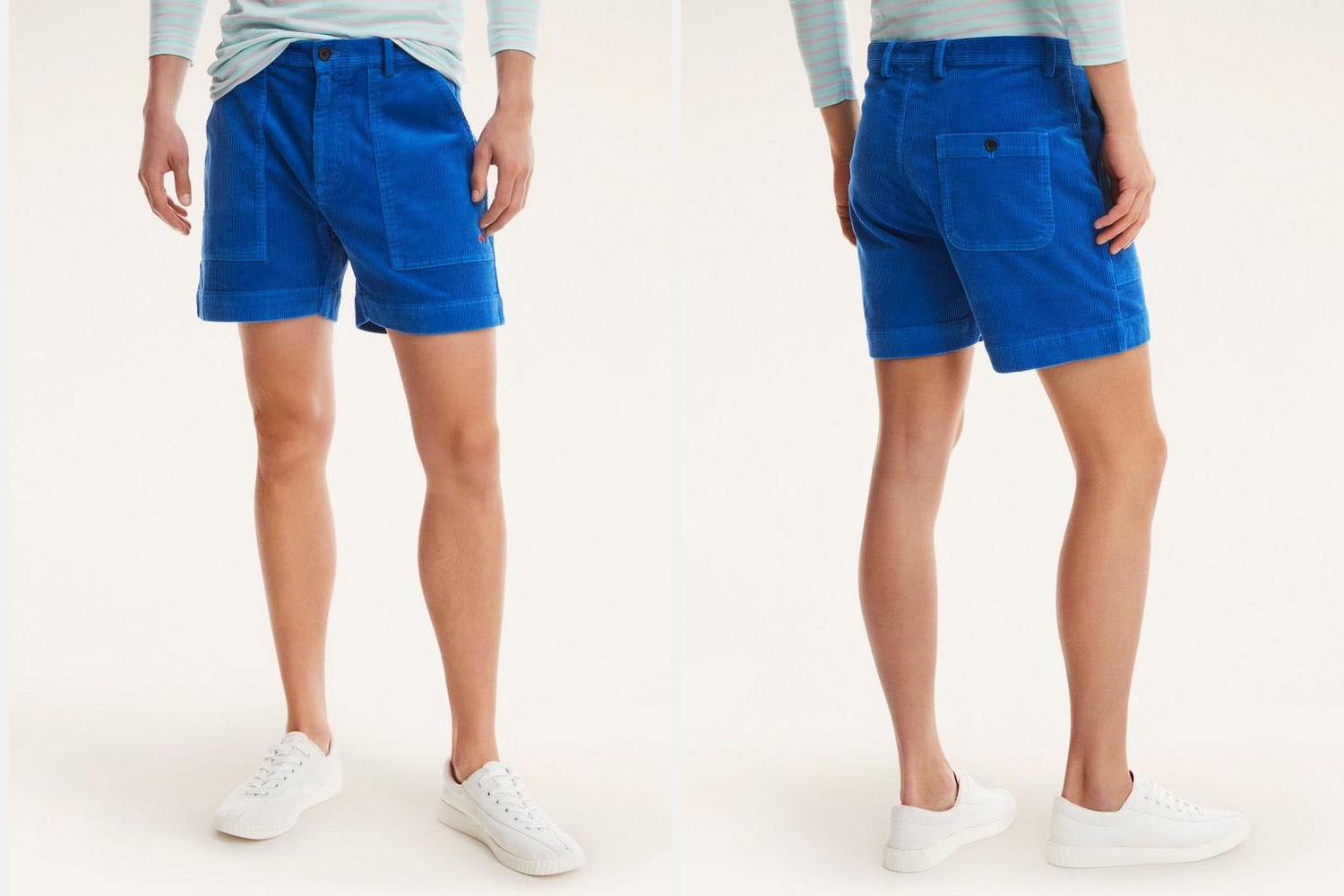 two model shots of a man in a pair of electric blue Brooks Borthers corduroy shorts on a grey background
