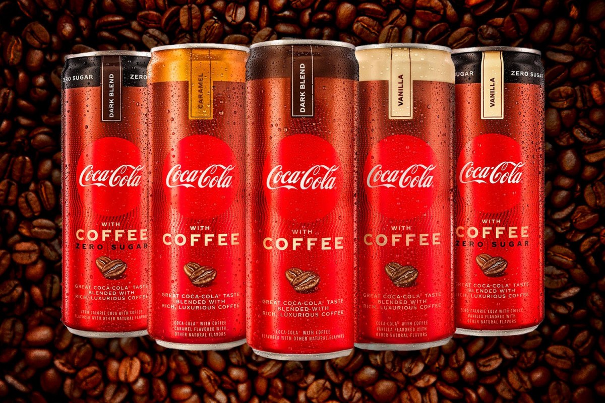 All five new cans of Coca-Cola With Coffee behind a coffee bean background