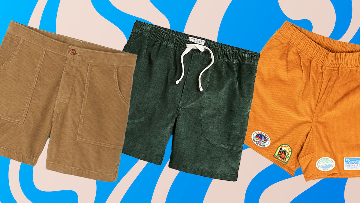 a collage of corduroy shorts on a wavy blue and tan background