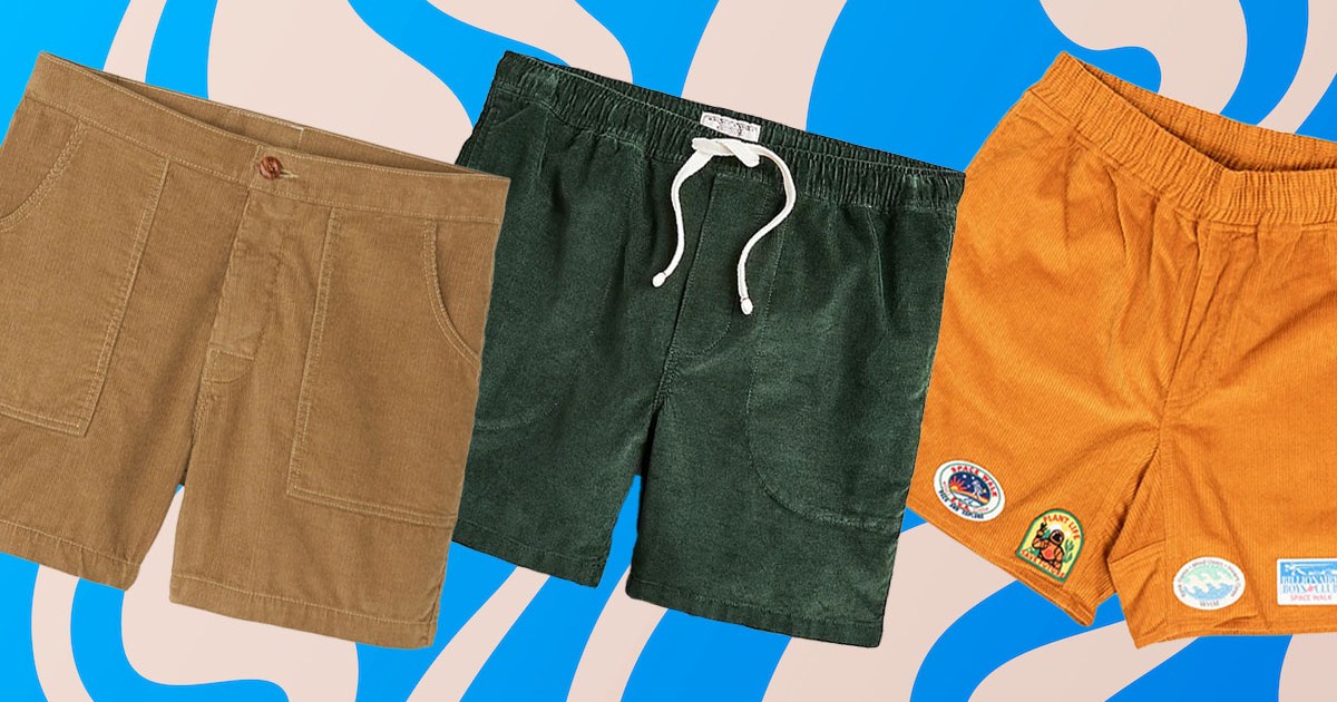 a collage of corduroy shorts on a wavy blue and tan background