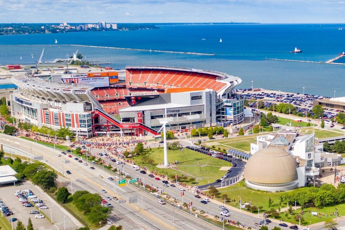 An aerial view of FirstEnergy Stadium along  Lake Erie near downtown Cleveland.