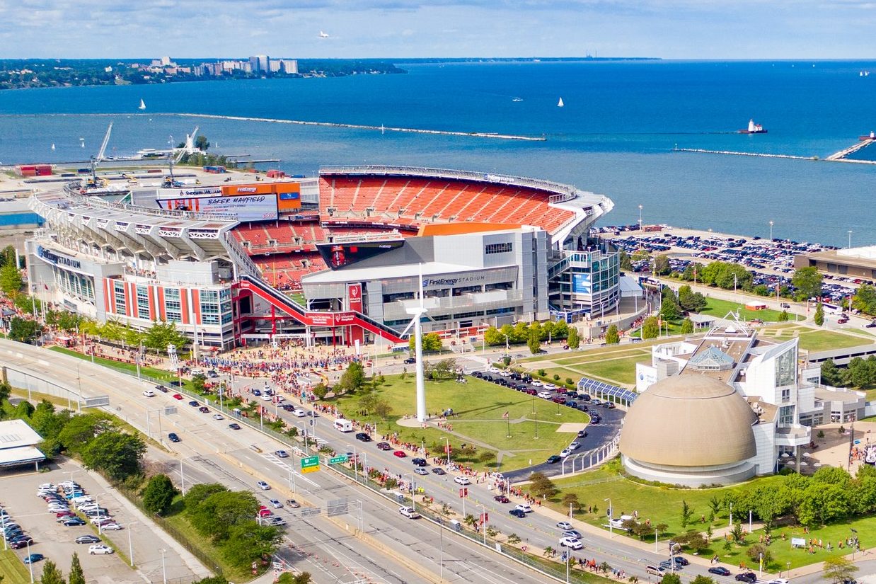 An aerial view of FirstEnergy Stadium along Lake Erie near downtown Cleveland.
