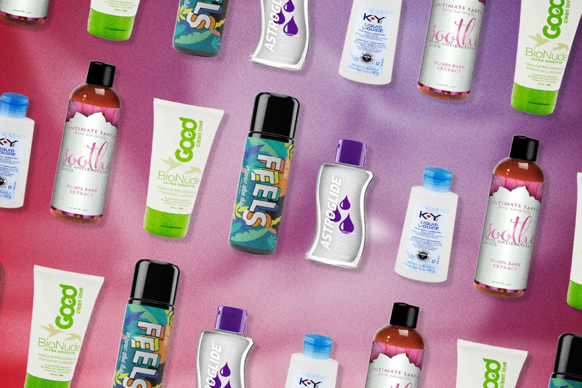 various bottles of lube against lavender background