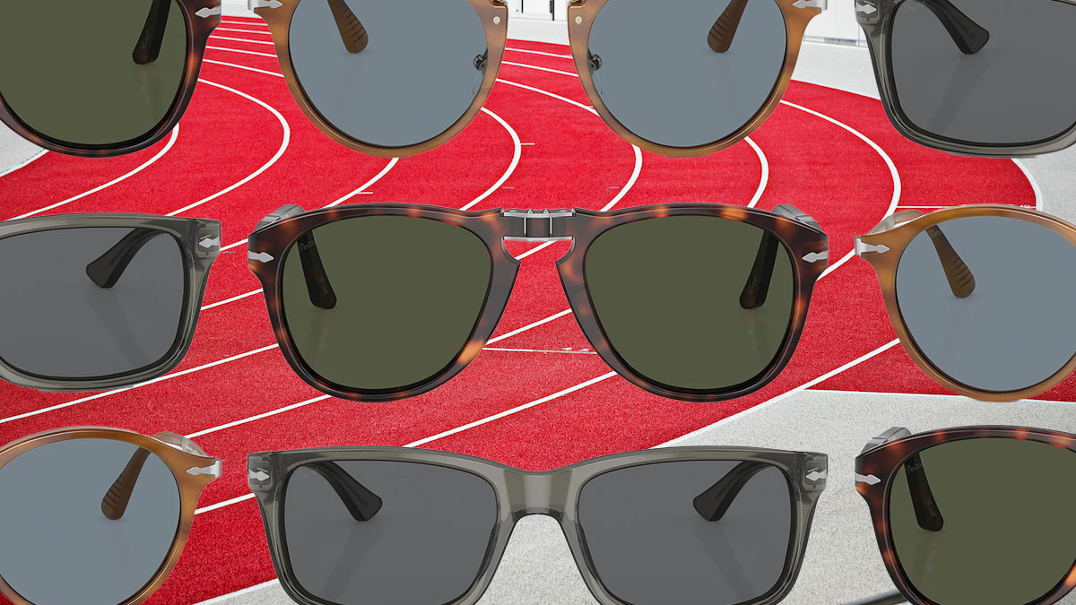 a collage of Persol sunglasses on a red and white track background