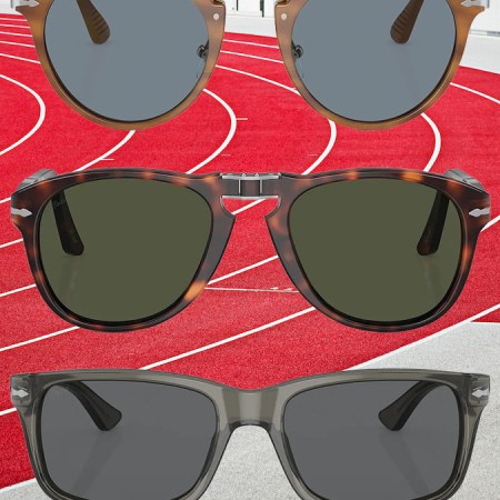 a collage of Persol sunglasses on a red and white track background