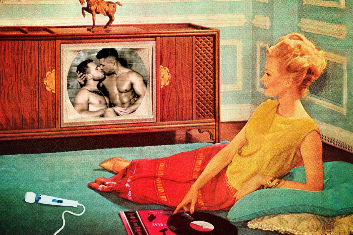 illustration of a woman watching porn on an old-fashioned TV set