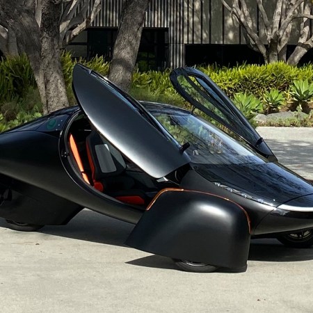 The three-wheeled Aptera solar powered electric vehicle