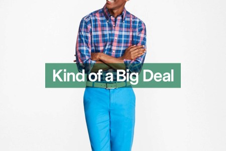 a sample, colorful shirt and pants outfit via Brooks Brothers spring sale