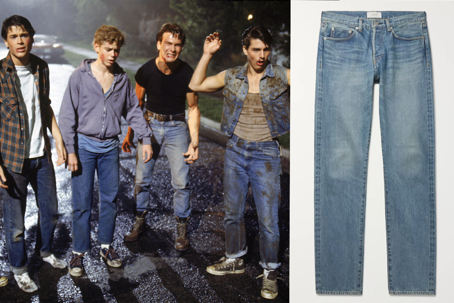 Rob Lowe, Thomas C. Howell, Patrick Swayze, and Tom Cruise on the set of The Outsiders