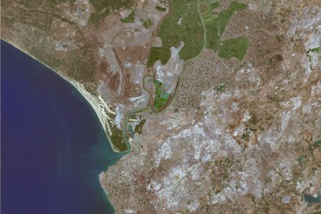 An overhead map of Donana National Park in Almonte, Spain