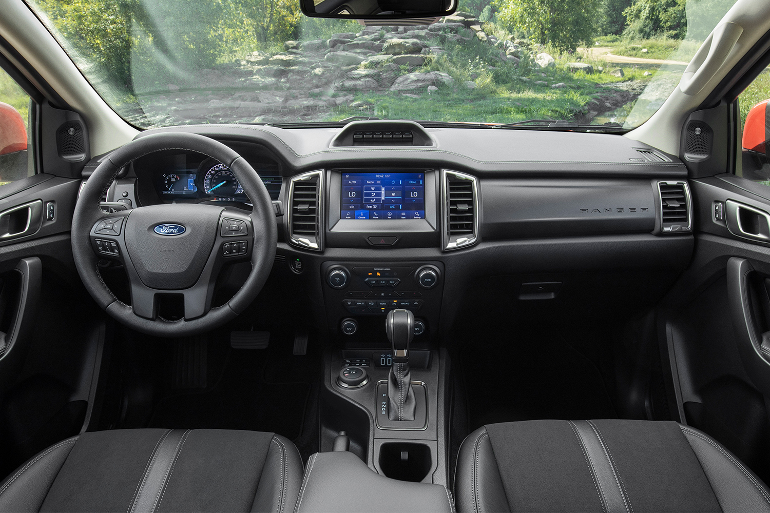 The front two seats of the 2021 Ford Ranger Tremor pickup truck