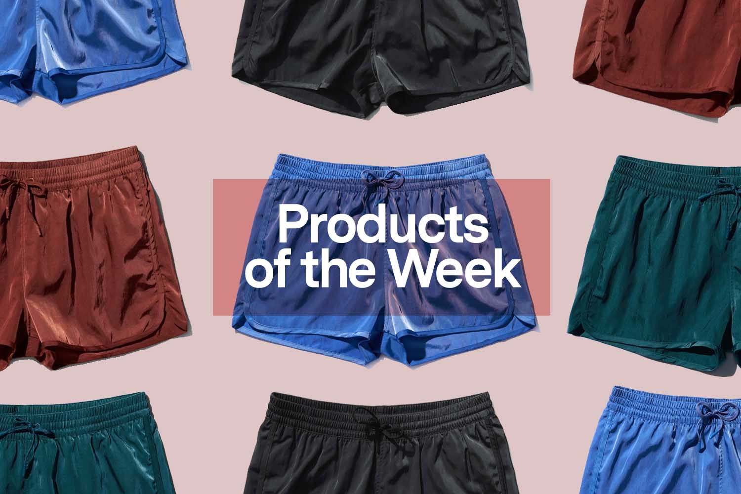 The text "Products of the Week" overlaid over a selection of CDLP Swim Shorts