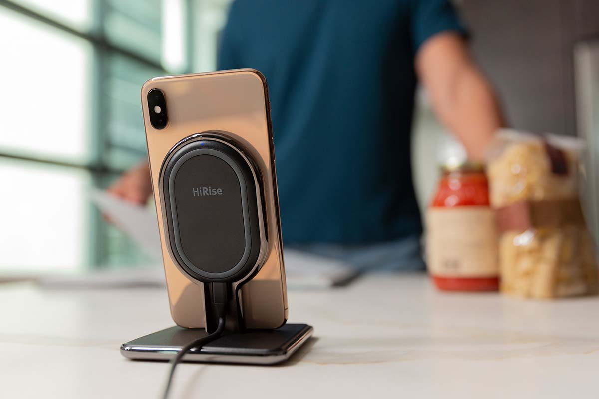 The HiRise Wireless phone charger, upright on a desk. The charger is currently part of Twelve South's phone and computer accessories sale.