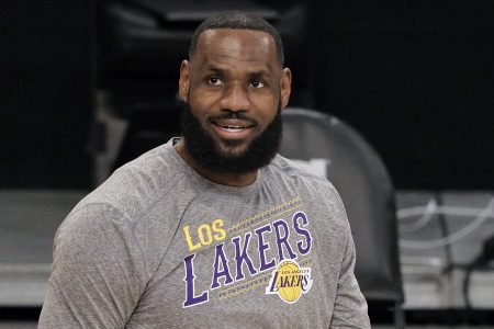 LeBron James of the Los Angeles Lakers on the court in a grey shirt