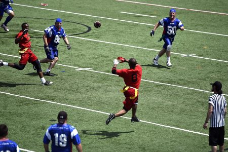 Men play flag football