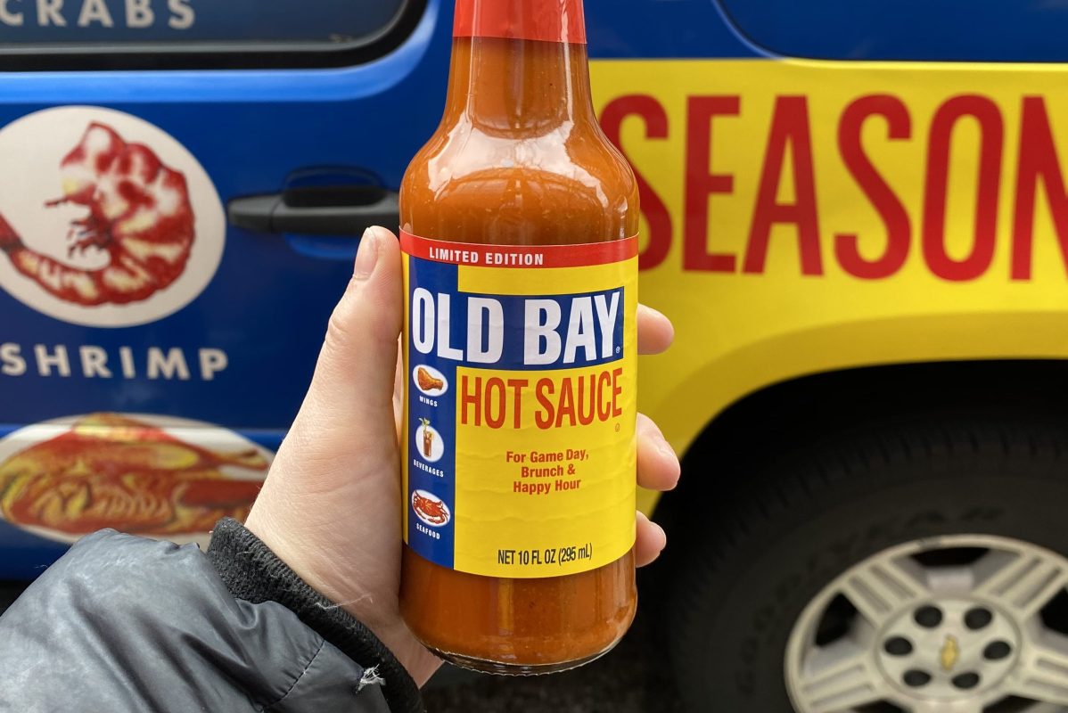 a bottle of old bay hot sauce