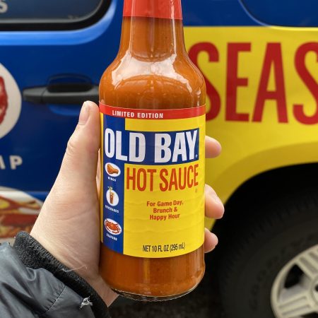 a bottle of old bay hot sauce