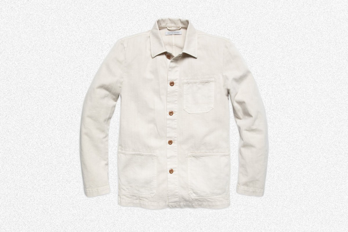 The Tradesman Chore Jacket from Outerknown on a grey background