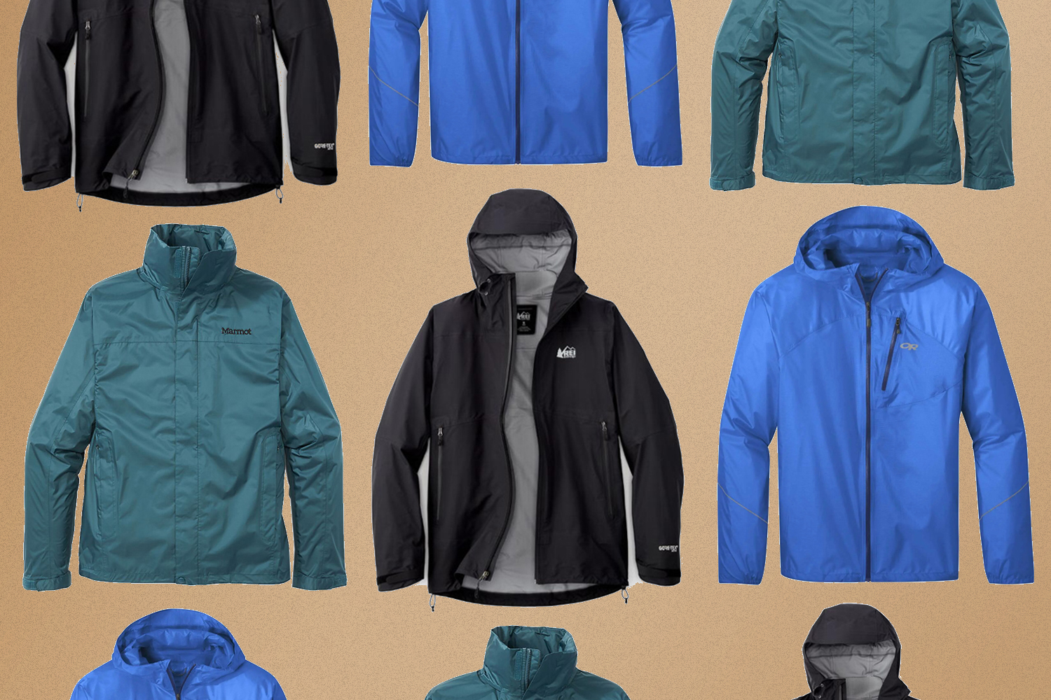 a collage of the best rain jackets for men on a pink and blue dotted background