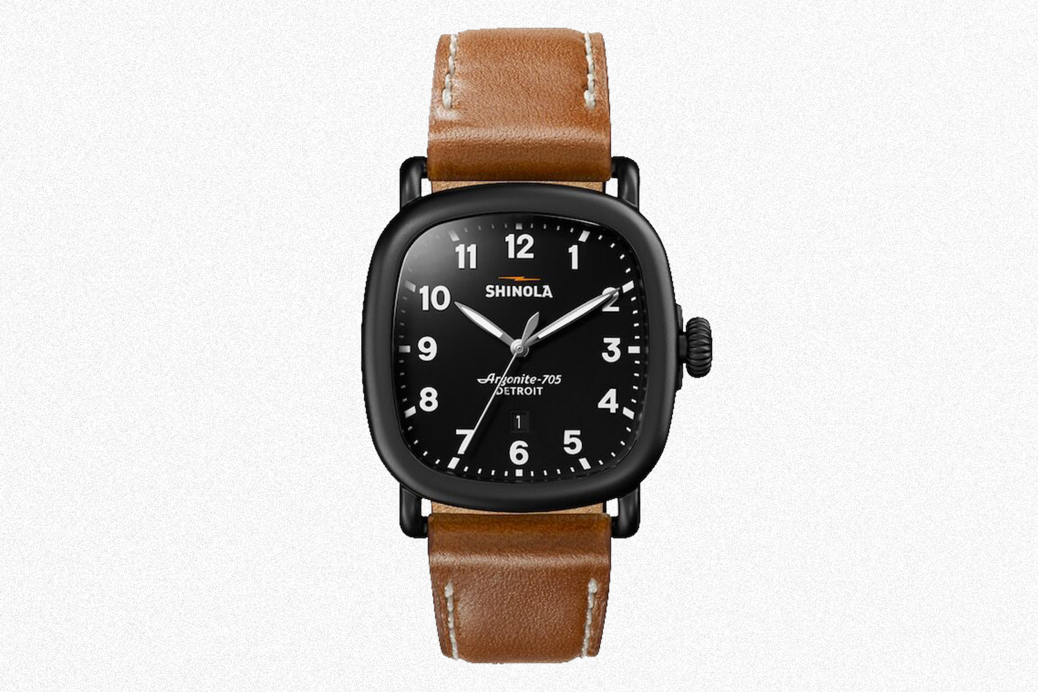 The men's Shinola Guardian watch with a black case and brown leather strap