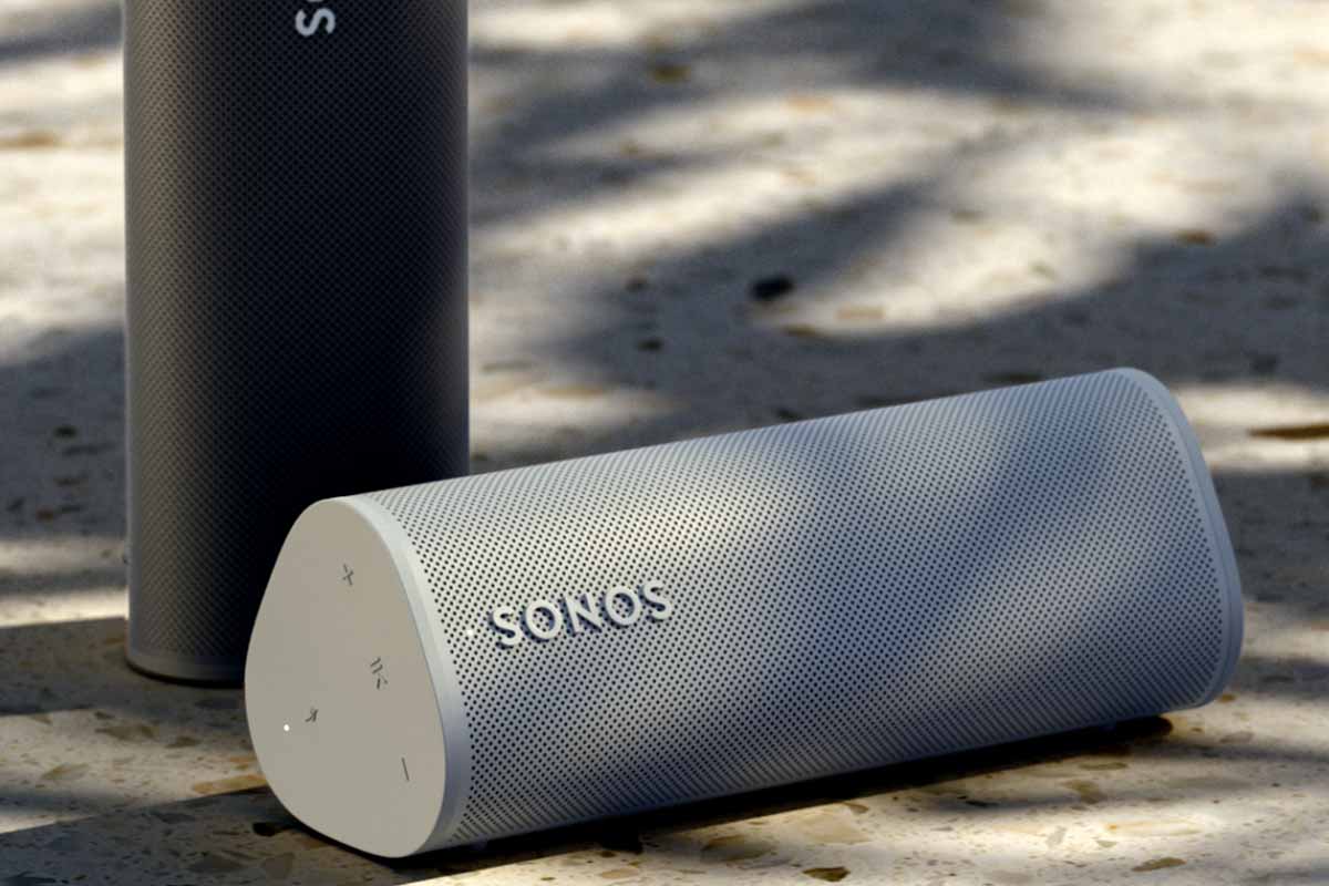 Two Sonos Roam units, sitting vertically and horizontally