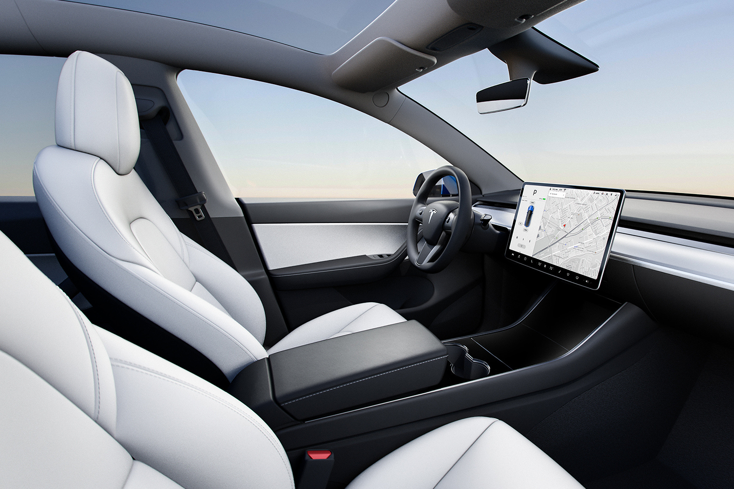 The interior of a new 2021 Tesla Model Y