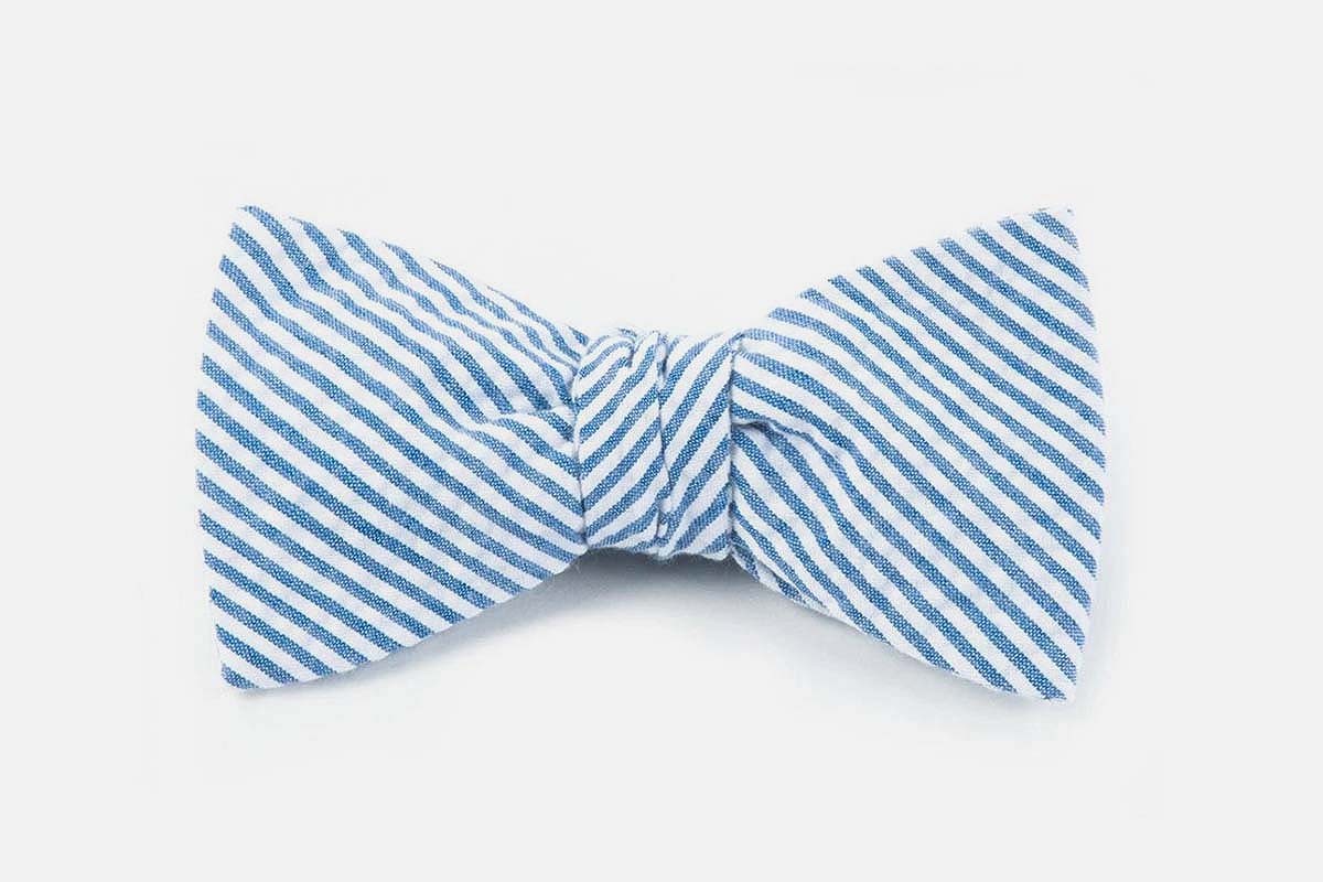 product shot of the Seersucker Blue Bow Tie from the Tie Bar, now on sale