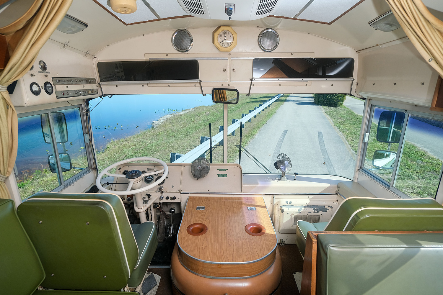 The driver's seat in a 1969 Blue Bird Wanderlodge RV