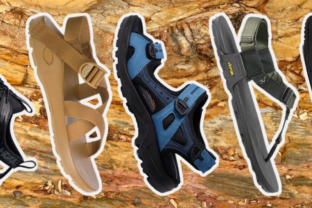 a collage of the best hiking sandals on a tan stone background