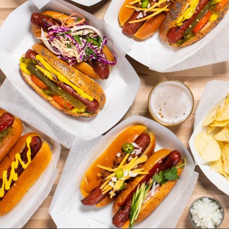 An assortment of dry-aged hot dogs.