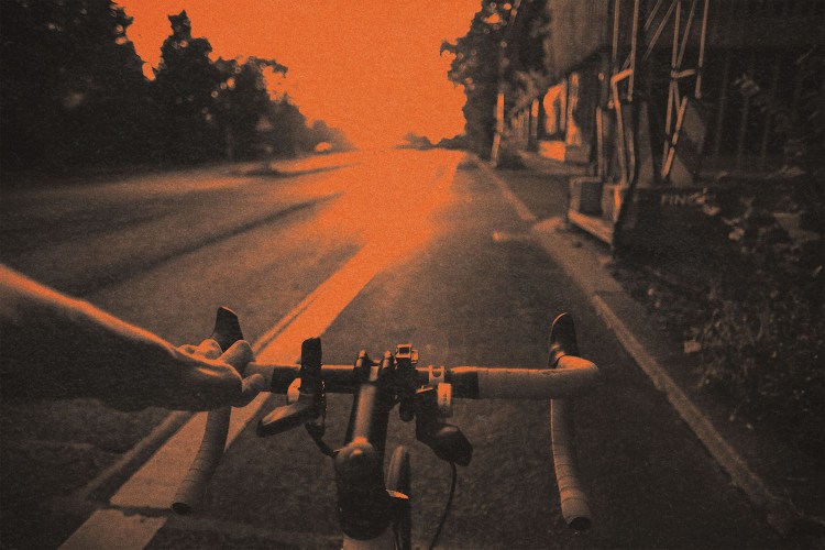 A hand holding the handlebars of a bicycle in a bike lane