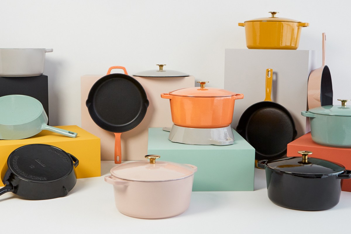 A selection of Milo cast iron cookware in colors now available on Kickstarter