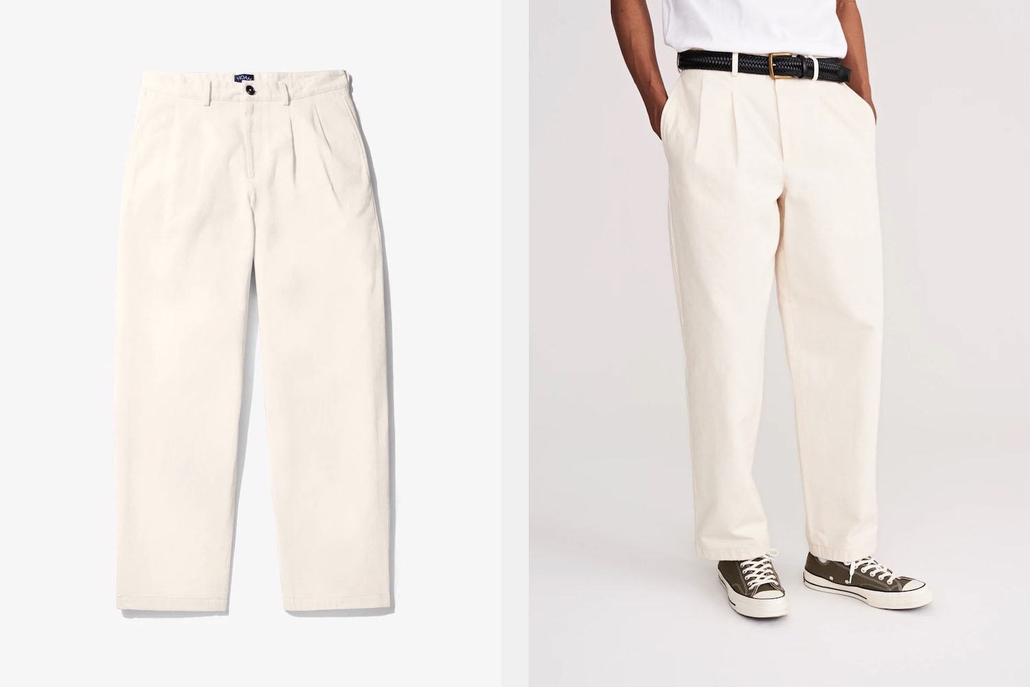 a pair of white pants in product shoot and on model from NOAH
