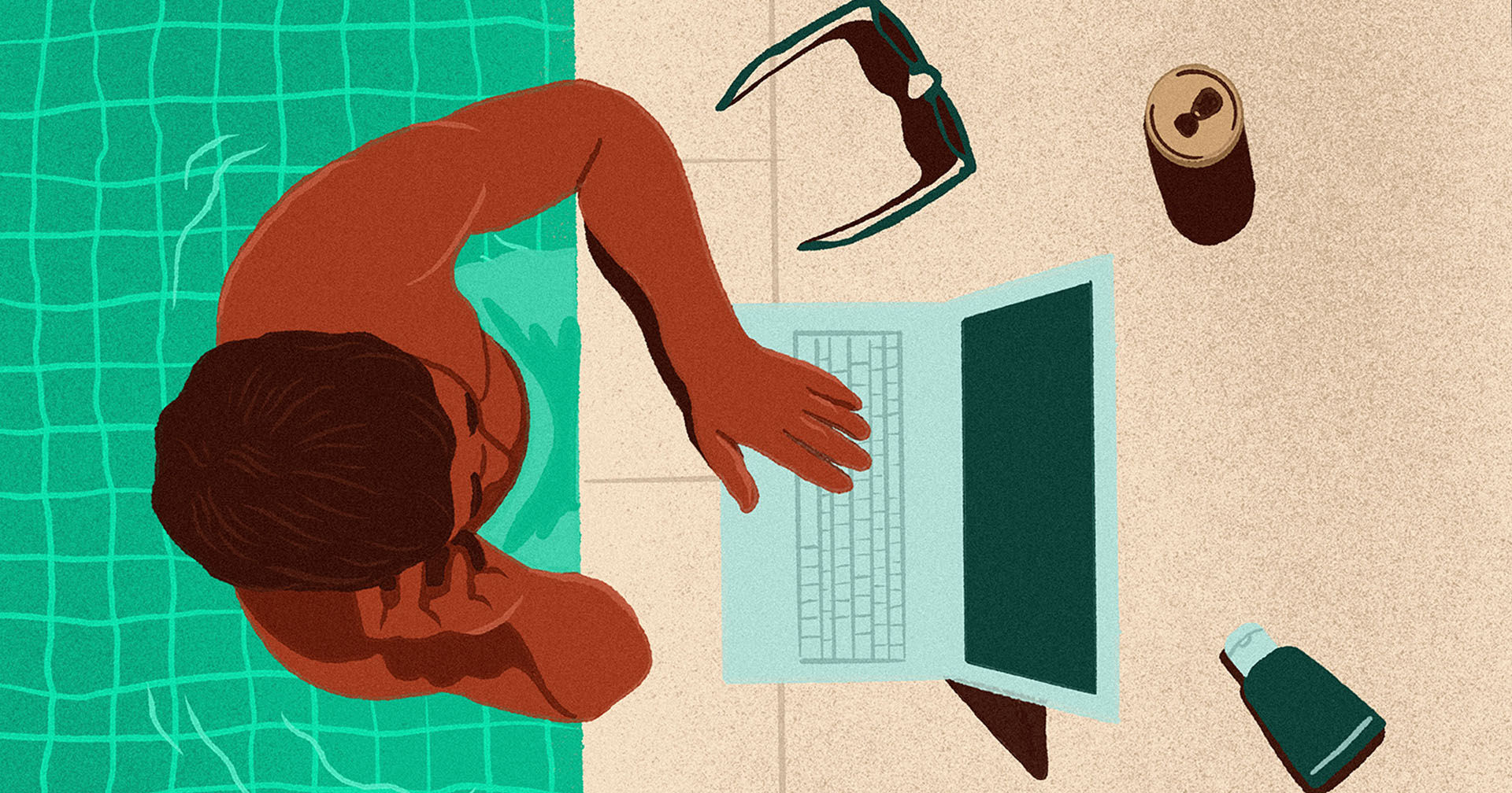Man in a pool with his laptop