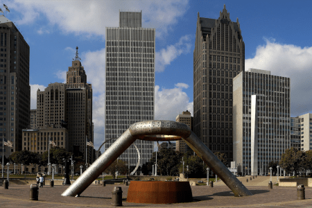 The Dodge Memorial Fountain and downtown Detroit