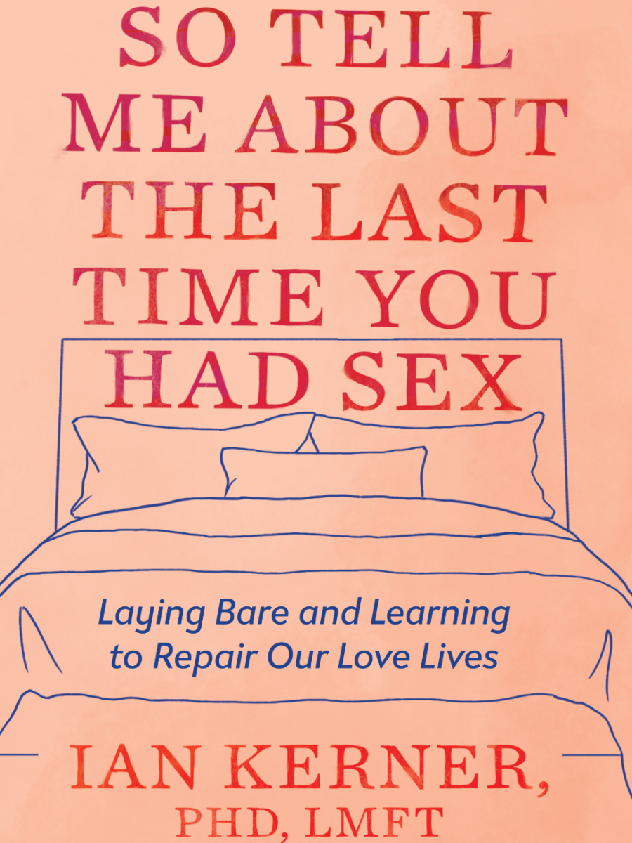 Book cover says "So Tell Me About the Last Time You Had Sex" in red lettering over a nude background featuring a blue line-drawing of a bed
