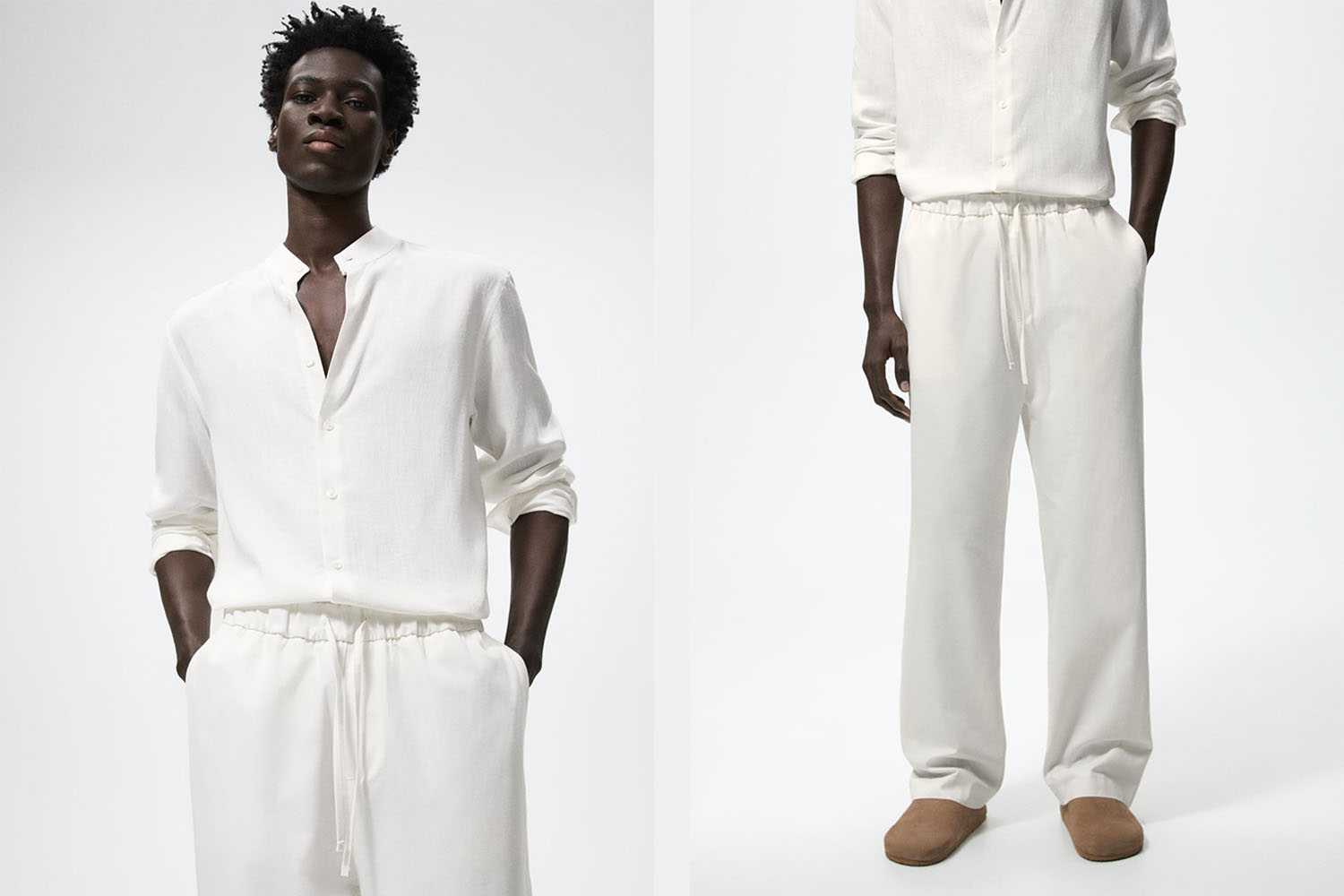 a pair of white linen pants on a model from Zara